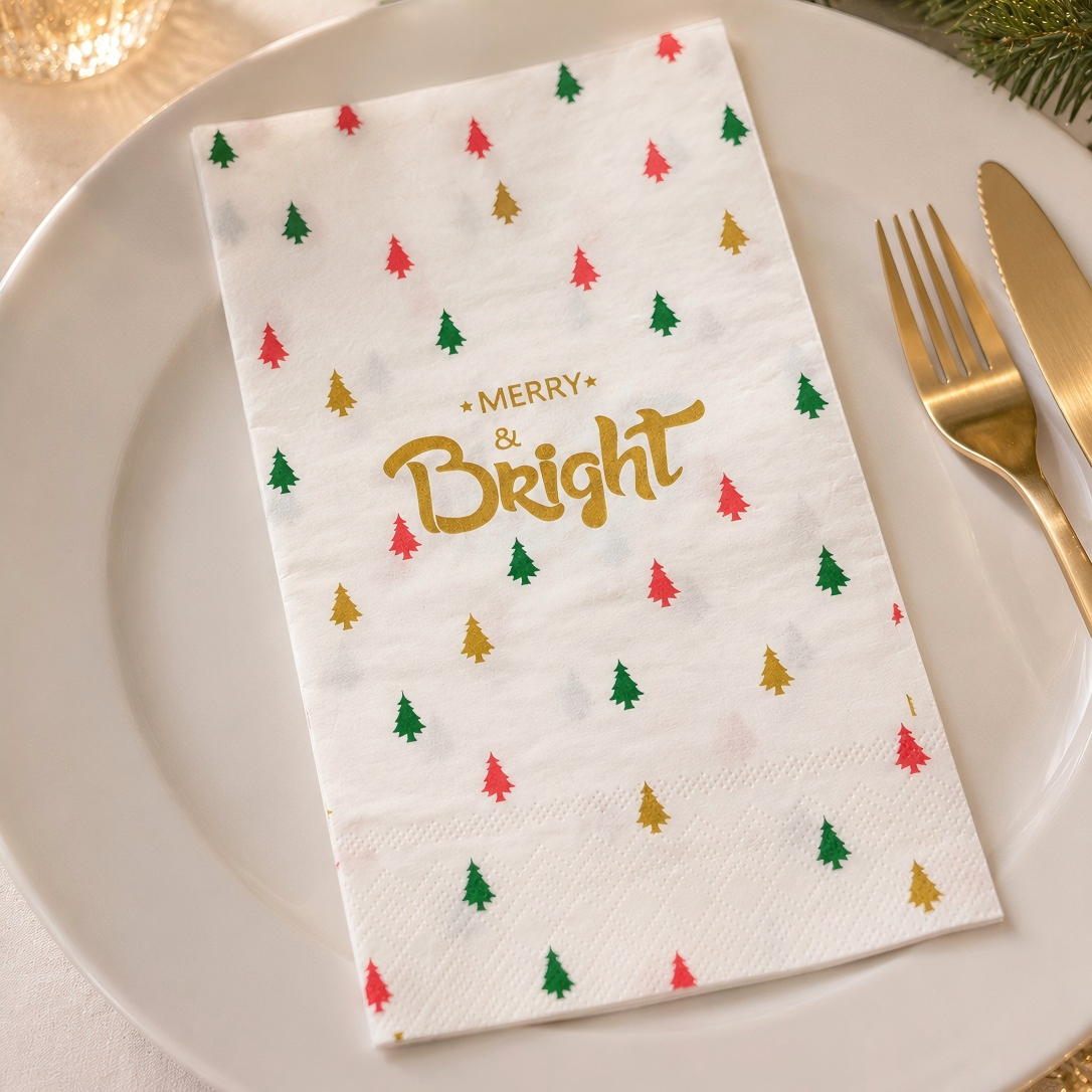 Naipcíní Dinnéar Indiúscartha Priontáil Merry & Bright Gold le haghaidh Socrú Tábla Cóisir na Nollag